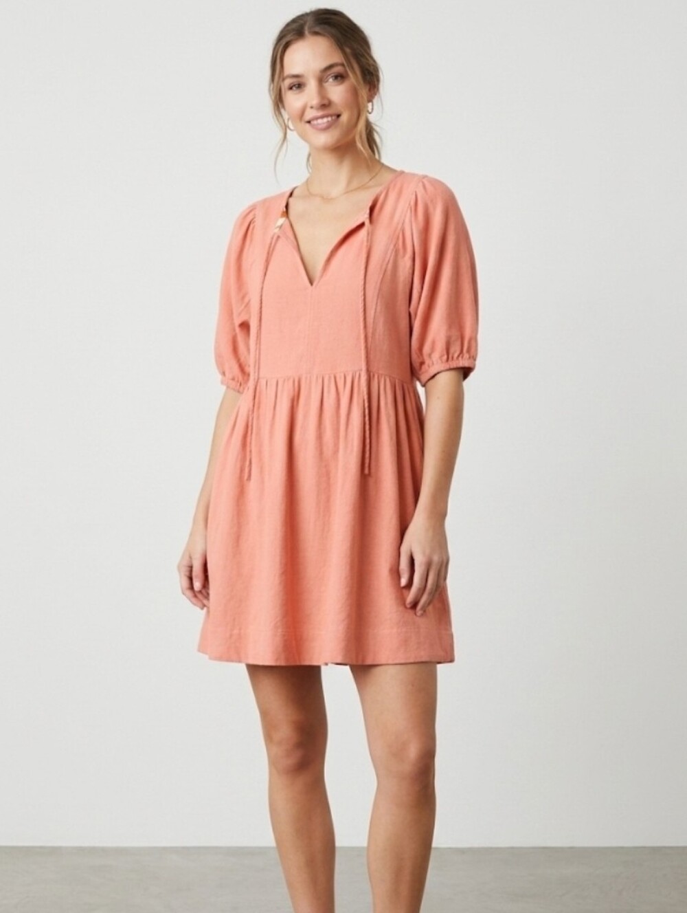 Umgee Coral Pink Peach Linen Blend V-Neck Tiered Babydoll Mini Dress Size Large